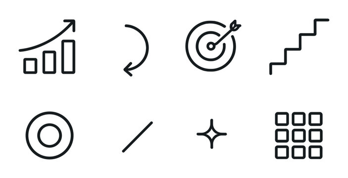 Minimalist black background with icons of growth, target, spiral, and staircase