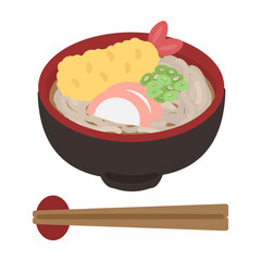 年越しそば（天ぷらそば）と箸　イラスト