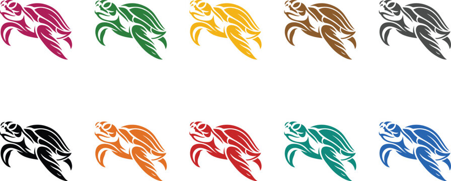 Stylized sea turtles in various colors on white background, Multicolor turtle marine life icons