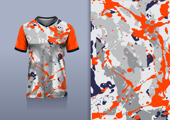 T-shirt mockup abstract texture grunge water sport jersey design for football, soccer, racing, esports, running, orange gray white color