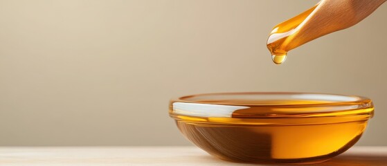 Golden natural hair oil dripping from a wooden dipper into a clear glass bowl. Pure nourishing essence for coily strands.