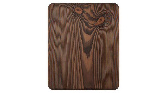 A square wooden cutting board with a prominent knot and grain pattern