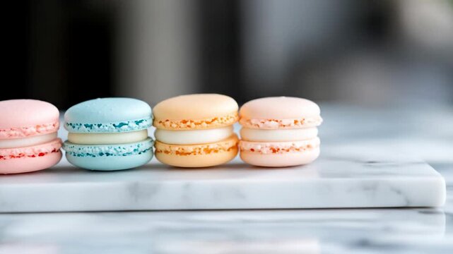 Pastel macarons sweet dessert treat row marble surface