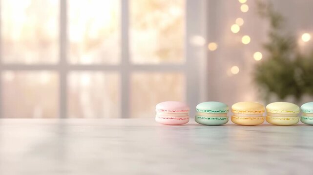 Colorful macaron cookies delicate pastry treats displayed indoors