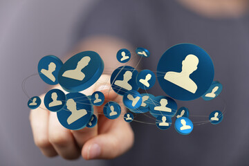 Concept of teamwork and partnership. Connection in the digital age.  Social network icon hovering above hand. Vector art