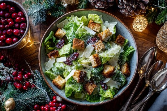 Caesar salad in blue bowl on wooden table, topped with croutons, cranberries, parmesan cheese. Concept of holiday atmosphere with evergreen branches, string lights, romaine lettuce, creamy dressing.