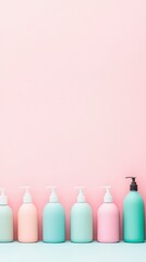 Clean pastel colored pump bottles lined up. Beauty and skincare product containers standing on a light blue surface, pink backdrop.