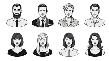 Monochrome Vector Set of Business People Avatars and Professional Portraits in Black and White Line Art Style