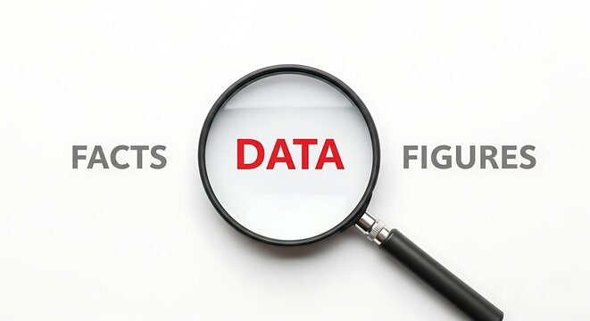 Magnifying glass over the word data, with facts and figures on either side, isolated on white background