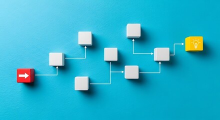 Obraz premium Flowchart of white blocks connected by lines, with a red start block and a yellow end block with a lightbulb