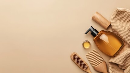 Natural coily hair care products including oil, shampoo, and brushes on beige background.