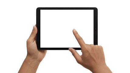 Hands holding a black tablet computer with a blank white screen isolated on white