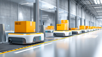 Autonomer Logistikroboter transportiert Pakete auf einem automatisierten Förderband in einer modernen Lagerumgebung.