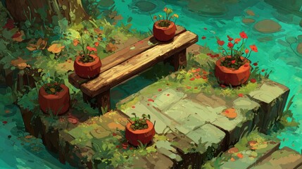 Rustic wooden bench spans a shallow, tranquil water feature.  Ornate flower pots add color