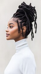 Woman with long dark locs hairstyle styled upwards, wearing a white turtleneck, soft studio lighting, profile view.