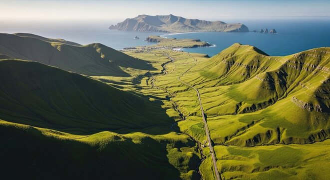 Breathtaking aerial view of a winding road through a lush green valley leading to a remote coastal village and a majestic island on the horizon during a beautiful sunrise