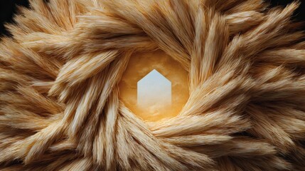 Fototapeta premium Close-up of a fur-like texture. the fur appears to be soft and fluffy, with a golden-brown color. in the center of the image, there is a small white house-shaped object that is not clearly visible.