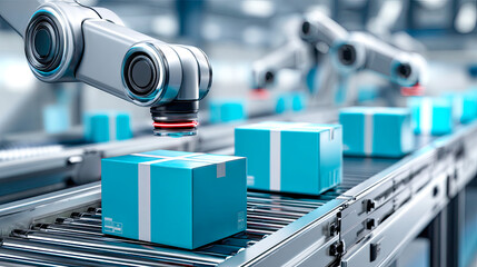 Autonomer Logistikroboter transportiert Pakete auf einem automatisierten Förderband in einer modernen Lagerumgebung.