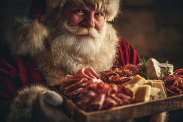 Elderly man dressed as Santa Claus holding charcuterie board filled with assorted meats, cheeses, and crackers. Concept of festive culinary delight and joyful spirit.