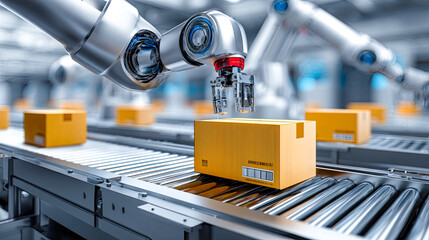 Autonomer Logistikroboter transportiert Pakete auf einem automatisierten Förderband in einer modernen Lagerumgebung.