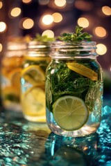 Magical Evening Glow on Refreshing Lime and Mint Mason Jar Drinks.
