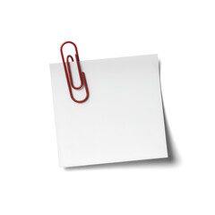 A red paperclip holding a white note on a white background, isolated on white background