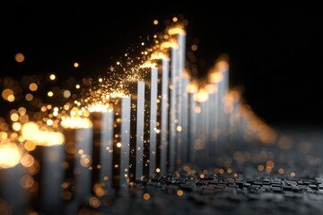 Abstract Sparking Bar Graph - Financial Growth, Data Visualization, Bokeh Effect, Dark Background.