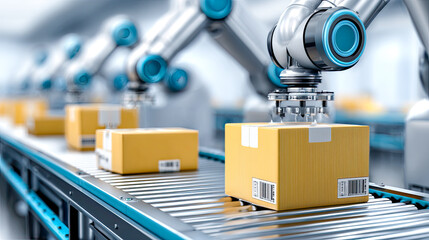 Autonomer Logistikroboter transportiert Pakete auf einem automatisierten Förderband in einer modernen Lagerumgebung.