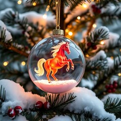 Clear Christmas Bauble with Red Rearing Horse Figurine on Snowy Winter Pine Branch Background_3