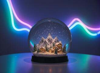 Snow Globe with Winter Village and Neon Light Background
