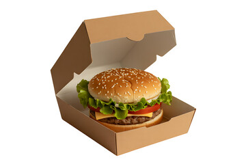 Juicy cheeseburger in an open cardboard takeaway box, isolated on white background