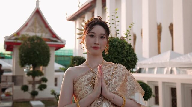 Traditional thai female, wearing ornate silk costume, posing gracefully near historic wat pho temple, highlighting cultural elegance of bangkok performance art.
