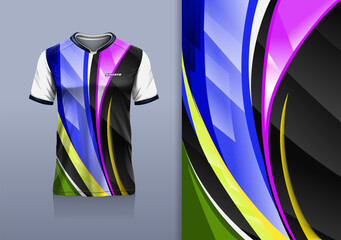 T-shirt mockup with abstract curve lines sport jersey design for football, soccer, racing, esports, running, in blue purple black color