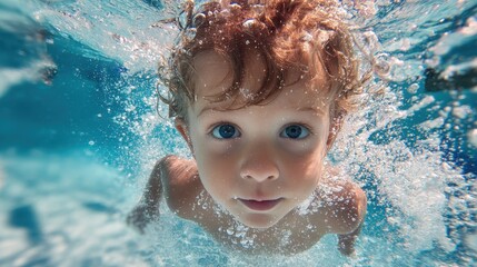 Young child mastering swimming