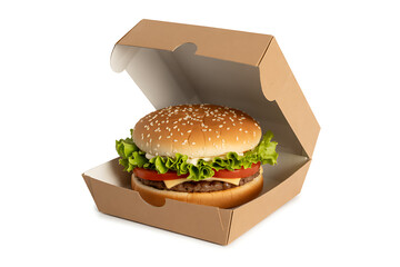 Juicy hamburger in an open cardboard box isolated on white background