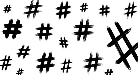 An abstract pattern of black hand-drawn hashtag symbols scattered on a white background.