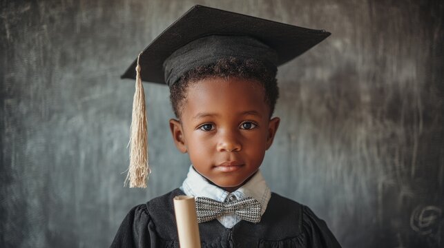 Young Black boy wearing a graduation cap and holding a diploma beside a chalkboard