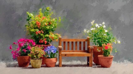 Rustic wooden bench amidst colorful potted plants against a textured wall
