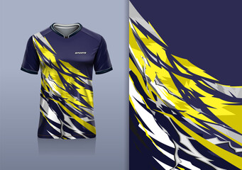 T-shirt mockup abstract texture grunge texture sport jersey design for football, soccer, racing, esports, running, yellow white purple color