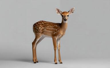 A young fawn with spotted fur stands attentively against a plain gray background
