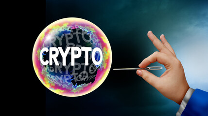 Crypto Bubble risk and Economic cryptocurrency bubbles fear as Bitcoin Ethereum blockchain coins as uncertainty and overhyped Stock market speculation concept and overvalued valuations.