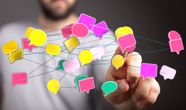 Connecting the world through digital communication network. Person interacting with social media speech bubbles connected. Concept of digital co