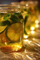 Sparkling Lime  Mint Infused Drinks in Mason Jars, Warm Golden Light  Bokeh.