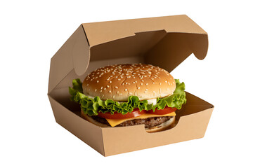 Juicy hamburger in a cardboard box isolated on white background