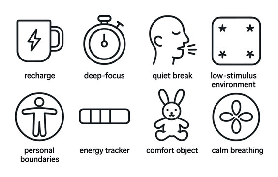 Illustration of self-care techniques including recharge and quiet break icons