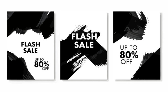 Three minimalist posters advertising a flash sale with up to 80% off, featuring bold black brush strokes on a white background.