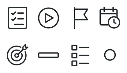 Minimalist icon set: checklist, play button, flag, calendar, target, list, circle