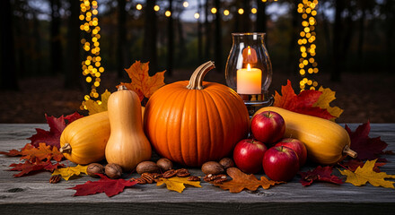 Still life of orange pumpkin, butternut squash, red apples and falling leaves on wooden table, representing autumn harvest, celebration, Thanksgiving day
