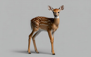 A young fawn with white spots stands on a gray background, looking forward