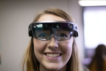 Naklejka premium student wearing augmented glasses close up